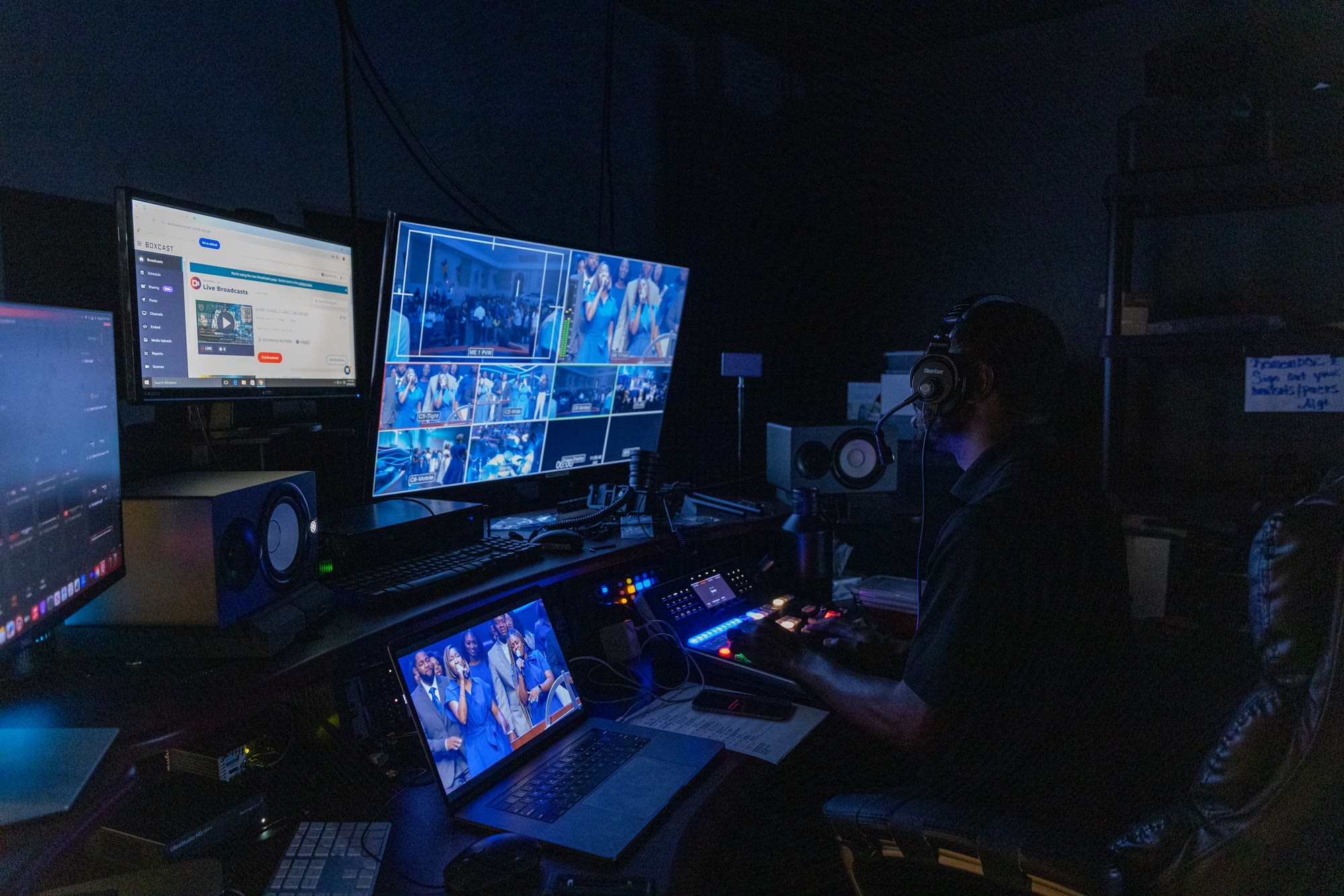 Directing a live multi-camera show from the switcher, with the camera multiview on screen